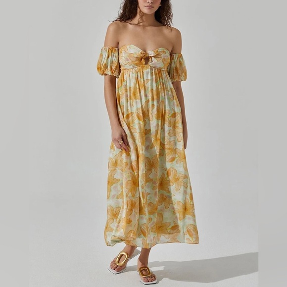 NWT Astr the label floral printed puff sleeve off shoulder maxi dress - Picture 1 of 6